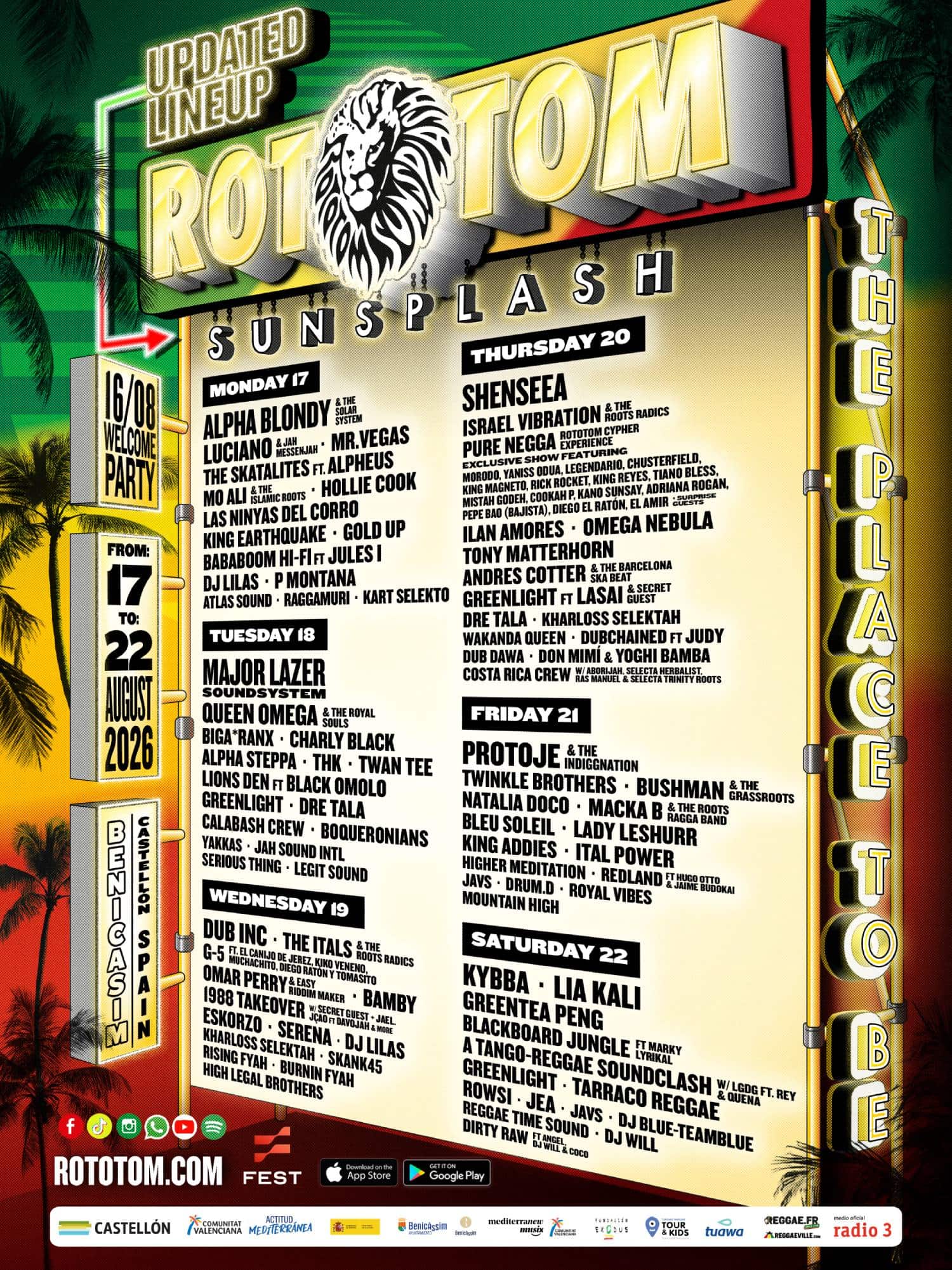 Espectáculo en vivo en el festival Rototom Sunsplash con artistas internacionales y vibrante ambient.