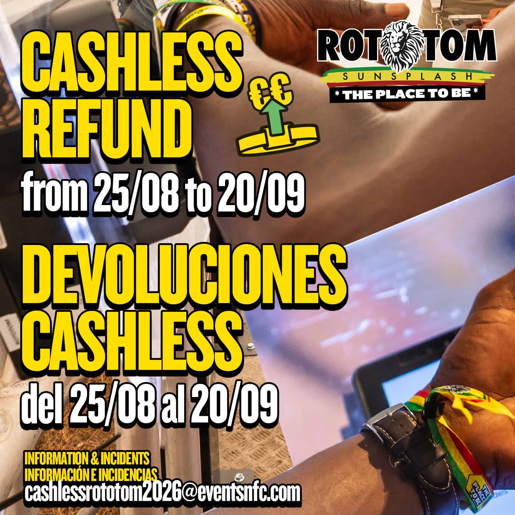 Cartel promocional del festival Rototom Sunsplash con información de devolución sin efectivo.